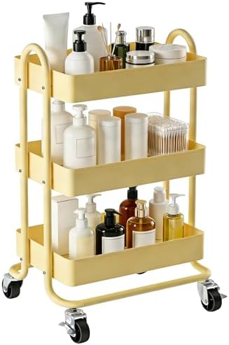 3 Tier Metal Rolling Cart, Utility Storage Cart Shelf Organizer with Wheels for Home & Office, Light Yellow by SimpleLivingBetterHoming