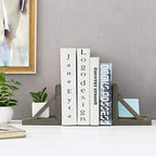 MyGift Vintage Gray Wood Decorative Bookends with Brass Metal Book Supports, Office Desk Wooden Bookend Book Stand, 2 Piece Set - Image 2