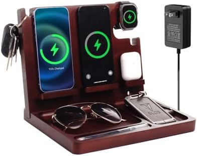 Wood Phone Docking Station 27W Fast Charging 2 Phone Wireless Charging Station for iosPhone/Android/iWatch/Air Pod Nightstand Organizer for Men/Women AnniversaryBirthday Gifts for him by Xunhomon