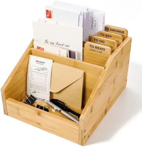 Bamboo Mail Organizer, 5-Section Countertop Mail Holder by Hiwhy