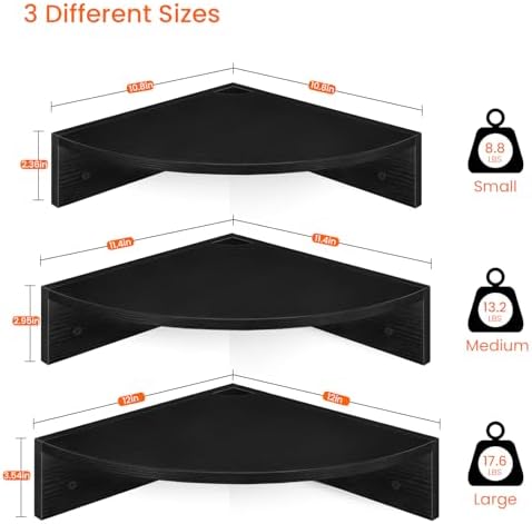 Homode Corner Floating Shelves, Set of 3 Corner Shelves Wall Mounted with Cable Hole, 3 Tier Wooden Hanging Corner Storage Shelf for Bedroom, Living Room, Kitchen, Black - Image 3