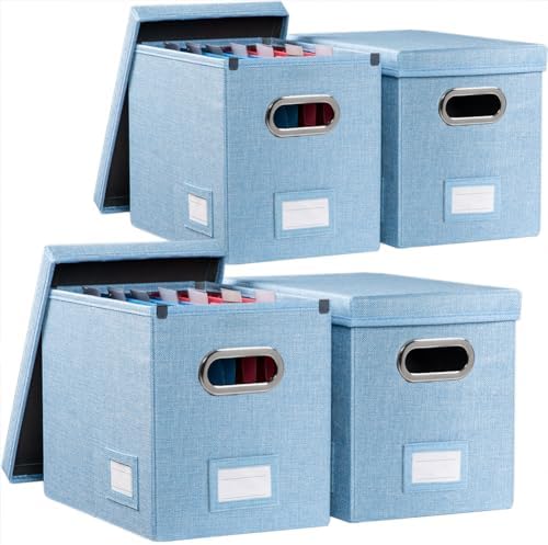 PRANDOM File Organizer Box - Set of 4 Collapsible Decorative Linen Filing Storage Hanging File Folders with Lids Office Cabinet Letter Size Blue (14x9.3x10.8 inch) by Prandom