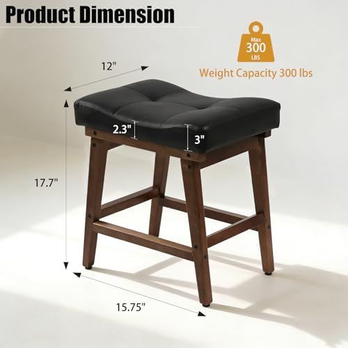 Vanity Stool with Wood Legs, Wooden Makeup Stool Chairs, Small Faux Leather Vanity Bench, Modern Square Makeup Bench Chair for Vanity, Living Room, Under Desk Foot Stool, Black - Image 2
