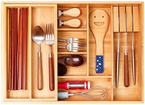 COIWAI Double Layer Bamboo Drawer Organizer Cutlery Utensil Silverware Drawer Organizer, cutlery Silverware Tray for Drawer, Utensil Holder Drawer Dividers for Flatware (L: 16.85 × 12.2 in) by 100NaturalBambooFurniture