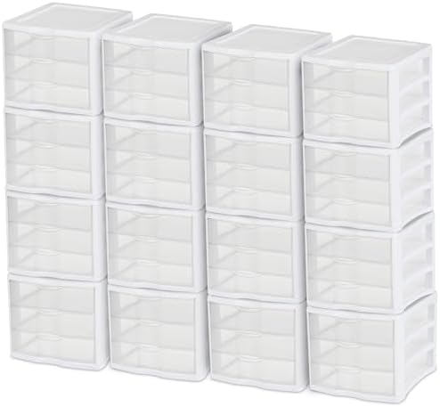 Sterilite ClearView Compact Stacking 3 Drawer Storage Organizer System for Crafting Supplies, Home Office, or Dorm Room, (16 Pack) by Sterilite