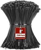 Armpow 8 Inch Black Zip Tie 2500 PCS, 40 Lbs - Small to Medium Zip Tie, Nylon PA66 UV Resistant Cable Tie Heavy Duty for Indoor and Outdoor Use - Ideal for bundling and securing objects by HighQualityTies