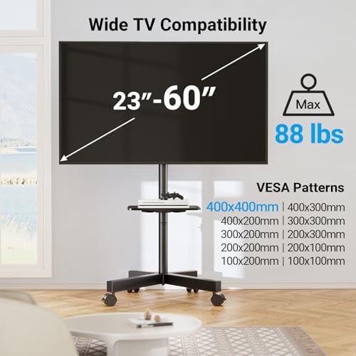 PERLESMITH Rolling TV Stand, Mobile TV Stand for 23-60 Inch LCD LED TVs, Tilt TV Stand Wheels Holds up to 88Lbs, Portable TV Stand for Bedroom with Shelf, Outdoor TV Stand Max VESA 400x400mm PSTVMC06 - Image 5
