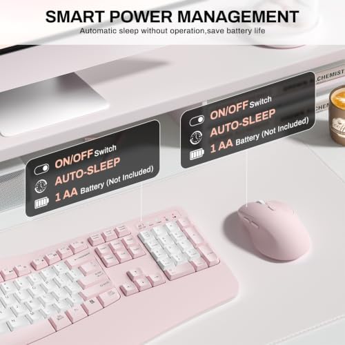 Wireless Keyboard and Mouse Combo,2.4G Ergonomic Wave Keys(Pink & White-B) - Image 6
