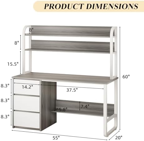 MaverickFurni 55 Inch Computer Desk with Hutch and 3 Drawers, Gray - Image 2