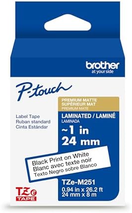 Brother Genuine P-Touch TZe, Black Print on White Label Tape (TZeM251), Premium Matte Laminated,3/4in x 26.2ft (18mm x 8m), for Select P-Touch Label Makers, for Crafts, Home Office, Small Business by Unknown
