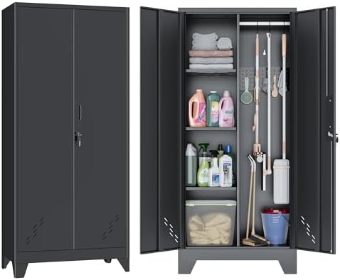 61" Metal Storage Cabinet with Lockable Doors, Cleaning Supply Cabinet with Pegboard and Hanging Rod. Garage Tool Storage Cabinets for Home, Laundry, Office, Home Kitchen Utility Cabinet by LyAosdFu