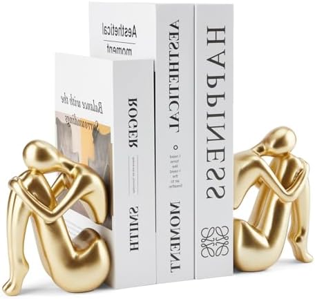 Gold Bookends Book Ends, Unique Decorative Girl Thinker Design,Non-Slip Home Office Bookshelf Decor, Modern Book Holder for Shelves, Heavy Duty Resin Book Stopper for Books,2Piece by Xmeden