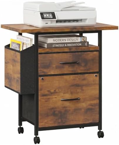 Alpen File Cabinets for Home Office, Small Printer Stand with Storage, Rolling Filing Cabinet with 2 Drawer and Side Storage Bag, Rustic Brown by ALPEN