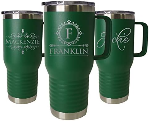 Custom Personalized 20 oz Stainless Steel Powder Coated Vacuum Insulated Double Walled Travel Tumbler Coffee Mug with Handle and Lid (Green) - Image 4