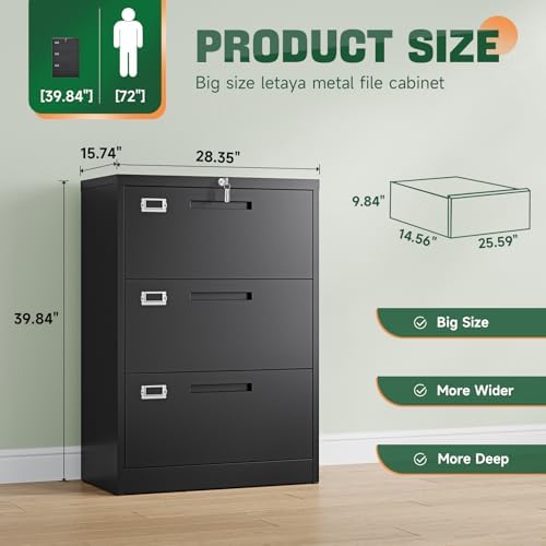 Letaya 3 Drawer File Cabinets with Lock,Metal Lateral Filing Storage Cabinet Printer Stand,Black Steel Home Office Cabinet for Hanging Files Letter/Legal/A4 Size (Black, H39.84×W28.35×D15.74) - Image 3