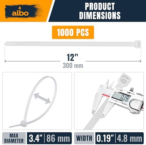 ALBO 1000 Pcs. White Zip Ties, 12 Inch, Heavy Duty, 50 lb Tensile Strength - Image 2
