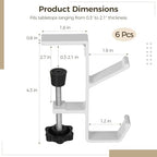 6 Pcs Desk Mount Bag Holders, Clamp On Under Desk Holders, Double Hook Design, Clip On Backpack Headphone Hangers for Tables, Portable Desk Purse Hooks, Adjustable Clamp Knob, White - Image 2