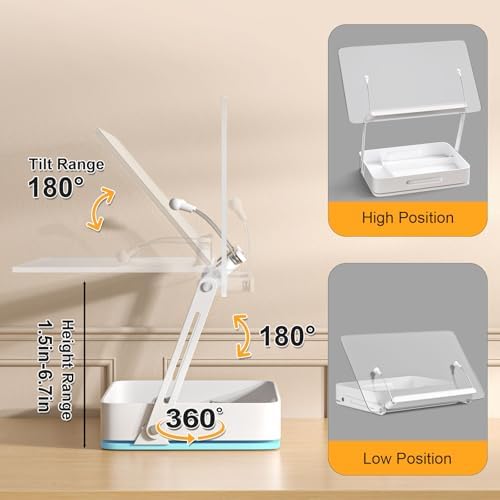 Book Holders for Reading, 360°Rotating Acrylic Book Stand with Storage Pen Slot, Foldable Desktop Riser Laptop Stand, Adjustable Book Reading Stand with Page Clips for Desk, Recipe, Cookbook Stand - Image 3