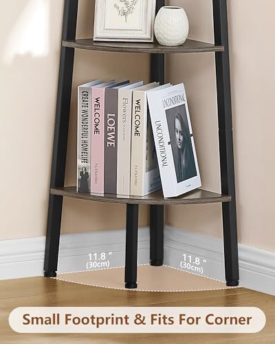 Hoctieon Corner Shelf, 4-Tier Corner Bookshelf, Rustic Ladder Shelf, Industrial Display Stand for Living Room, Kitchen, Home Office, Balcony, Small Space, Metal Frame, Grey - Image 5
