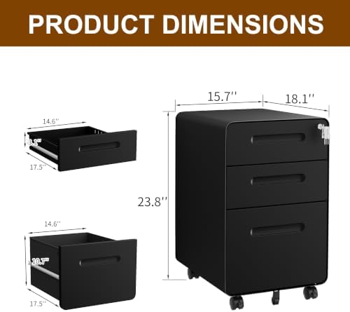 3 Drawer Mobile File Cabinet with Lock and 4 Keys - Image 3