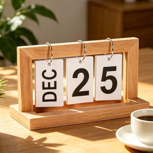Wooden Perpetual Flip Calendar—Medium Wood Shade—Flip Page Mechanism with Strong Metal Ring—Perpetual Date Tracker for Workspace or Home Office by Unknown