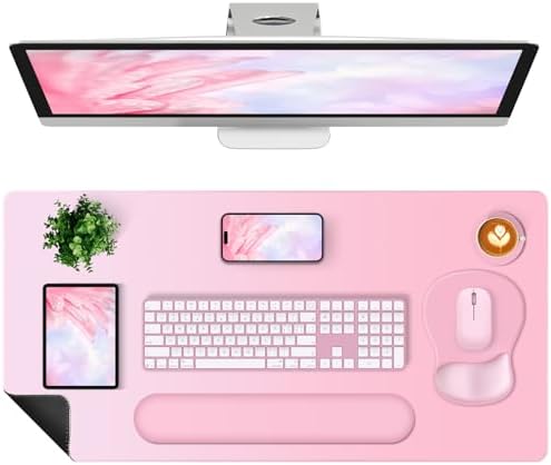 4-in-1 Large Gaming Mouse Pad, Keyboard Wrist Rest Pad & Wrist Support Mousepad Set, Extended Desk Pad Waterproof Desk Mat for Girl Women Home Office Decor Study Game 35.4×15.7 Inches I Soft Pink by NXZGO