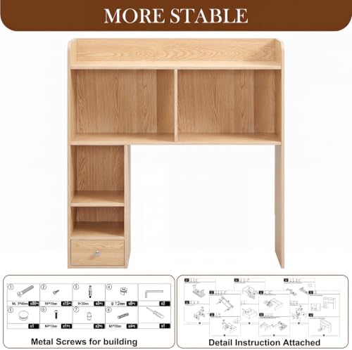 Cinnvoice Natural Desktop Bookshelf Countertop Storage Hutch with Drawer for Computer Desk 5-Tier Display Rack Multipurpose Wood Desktop Hutch Storage Organize for College Dorm Home Office Supply - Image 5