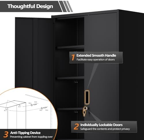 VINGLI Metal Garage Storage Cabinet with 2 Doors and 5 Adjustable Shelves, 71" Tall Steel Lockable File Cabinet, Locking Tool Cabinets for Home Office Garage Gym School (Black) - Image 5