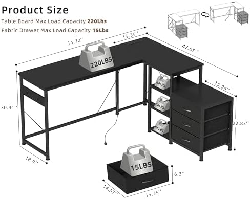 YOSHOOT 55" L Shaped Computer Desk with 3 Fabric Drawers, Gaming Desk - Image 2