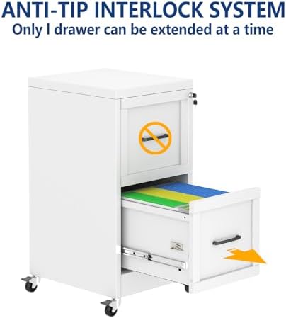 Ckzbx 2 Drawer File Cabinet with Lock, Narrow Vertical Filing Cabinet, Under Desk File Cabinets,White Metal Dresser Cabinets for Home Office,Fit Letter/A4/Legal Size File (Wheel) - Image 3