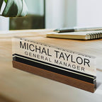 Artblox Personalized Office Desk Name Plate and Business Card Holder | Clear Acrylic Glass with Teak Wood Stand | Black Stripe Design Customized with Your Name and Credentials Office Desk Decor - Image 2