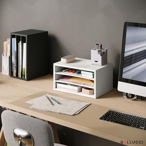 Ballucci Paper Organizer, 3-Tier Stackable Wood Desk Organizer, Document File Organizer and Mail Sorter with Adjustable Storage Shelves, White - Image 2