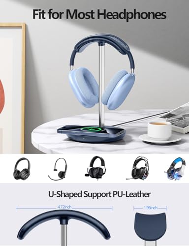 Miroddi Headphone Stand with Wireless Charger, Independent USB Charging Port, 5 in 1 Charging Station Headset Holder Rack for iWatch, iPhone, Samsung and Desk All Headphones, Dark Blue - Image 2