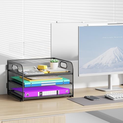 Cawukege 3 Tier Paper Organizer with Handle, Metal Desk Organizer Mesh Paper Letter Tray File Folder Document Sorter for Classroom, School, Office Storage (2, Black, 3-Tier (12.6" x 9.1" x 7.5") - Image 2