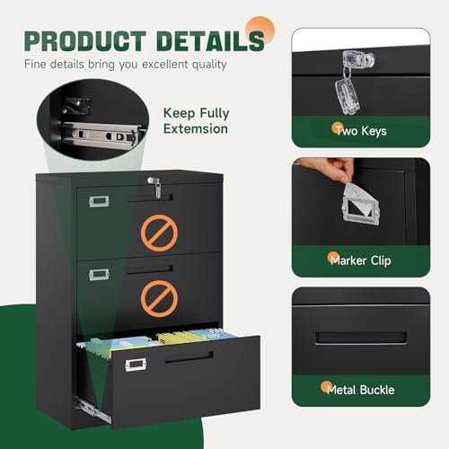 Letaya 3 Drawer File Cabinets with Lock,Metal Lateral Filing Storage Cabinet Printer Stand,Black Steel Home Office Cabinet for Hanging Files Letter/Legal/A4 Size (Black, H39.84×W28.35×D15.74) - Image 6
