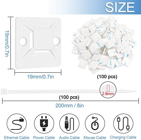 Zip Tie Mounts - SeuYeugX 1000 PCS Cable Self Adhesive Mounts Set for Wire Management with Stick Pads Anchors Clips Squares Holders (White) - Image 2
