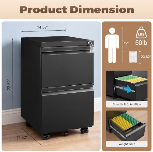 Approgreent 2 Drawer Metal File Cabinet, Fully Assembled Locking Filing Cabinet with Anti-Tipping Wheels, Quiet Slide, Heavy-Duty Steel Construction, Fits A4 Letter Legal for Home Office, Matte Black - Image 3