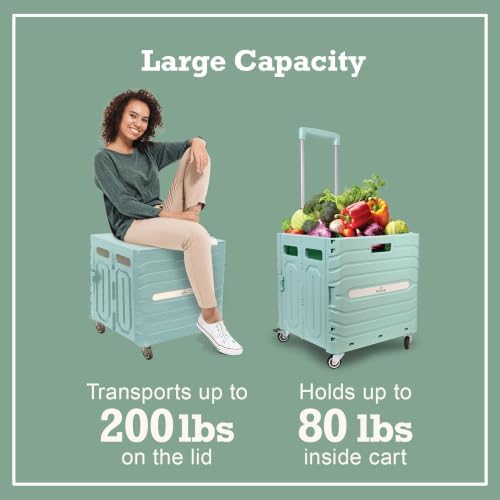 Inspired Living Collapsible Folding Utility Cart, Heavy-Duty Rolling Crate with 360° Wheels, Telescoping Handle, Hidden Lid, Holds 200 Lbs, Pale Mint - Image 4