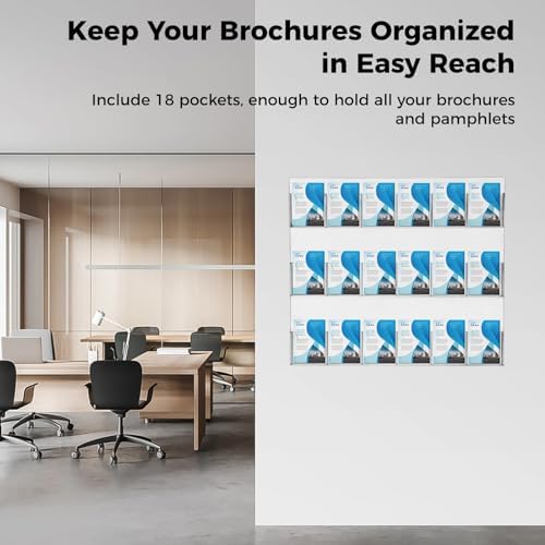 18 Pockets Acrylic Brochure Pamphlet Holder Wall Mount, 4 inches Pocket Brochure Display Stand, Pamphlet Display Stand Wall Mount, Clear Plastic Trifold Flyer Rack Literature Holder - Image 3