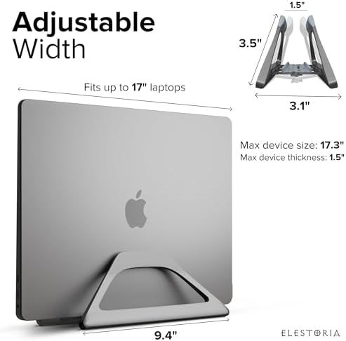 Elestoria Aluminum Vertical Laptop Stand with Gravity Auto-Lock – Adjustable Laptop Holder Vertical fits MacBook Pro/Air, Chromebook & Gaming Laptops up to 17.3" – Space-Saving Desktop Dock - Grey - Image 2
