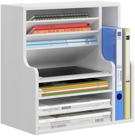 Wood Desktop File Holder Organizer Mail Sorter for File Folders, Mails, Envelopes or Magazines, 8 Compartments (White) by PAG-Mass