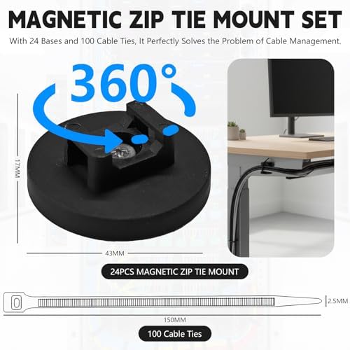24pcs 43mm Magnetic Zip Tie Mount, Multi-Functional Cable Holder, Suitable for Industrial Cable Management and Home Cable Organizing. 24 Mounts and 100 Nylon Cable Ties - Image 2