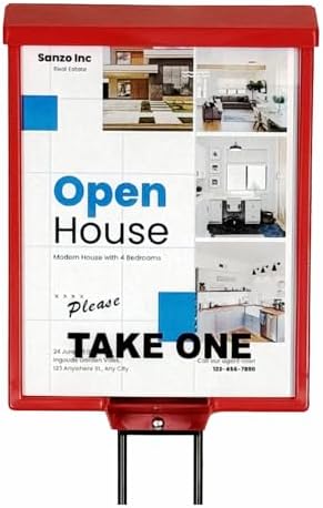 Outdoor Real Estate Brochure Box on Yard Stake, Weatherproof Self-Closing Lid, Take One Flyer Holder, Holds 250 8.5 x 11 Documents and 60 Business Cards, 46 inch Stand (Red, Pack of 6) - Image 3
