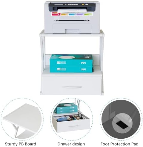 aboxoo Printer Stand for Desk with Storage Drawer, 2 Tier Desktop Or UnderDesk Shelf, Multi-Purpose Desk Organizer for Home Office, fit Fax Machine/3D Printer/Scanner, White - Image 2