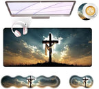 Large Keyboard Mouse Pad Set, Extended Mouse Pad+Keyboard Wrist Rest Support, Memory Foam Ergonomic Easy Typing, 4Pcs (31.5×11.8 in) Desk Pad Set for Office Home,Christian Cross by Unknown