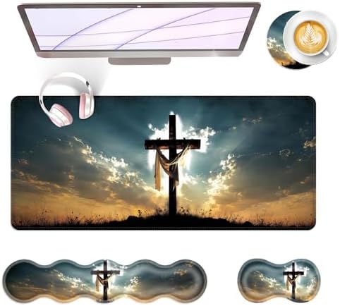 Large Keyboard Mouse Pad Set, Extended Mouse Pad+Keyboard Wrist Rest Support, Memory Foam Ergonomic Easy Typing, 4Pcs (31.5×11.8 in) Desk Pad Set for Office Home,Christian Cross by Unknown