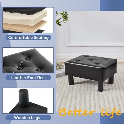Small Foot Stool Ottoman, Faux Leather Footstool Ottoman Foot Rest for Couch, Rectangle Footstools and Ottomans Small for Living Room, Entryway and Bedroom (Black) - Image 4