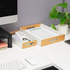Mind Reader Metal and Wood Tiered Desktop Organizer Trays with Cutout Handles, Stackable Office Storage, Office, Entryway, Coffee Station and Home Organization, Metal and Wood, Set of 2, White - Image 6