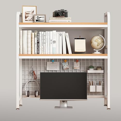Desk Shelf Bookcase 2-Tier Metal Desktop Bookshelf Hutch with Grid Panel and DIY design possible Multipurpose Storage Organizer Display Rack for Dorm Office Home Computer Desk(White 37.4"×7.9"×38.6") by CDYYIQ