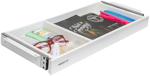 Mount-It! Under Desk Drawer Organizer with 2 Compartments, Shallow Low-Profile Slide-Out Desk Tray, 20.7″ x 8.9″ x 1.8″, Pull-Out Pencil Drawer for Traditional & Standing Desks- White by Mount-It